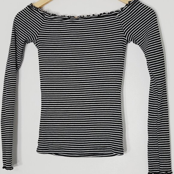 Aeropostale Striped Black White Cotton Spandex Ruffle Neck Long Sleeve Rib Y2K - Picture 3 of 11